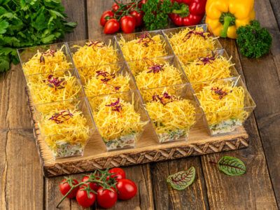 Мимоза с картофелем пай, копчёным и слабосолёным лососем